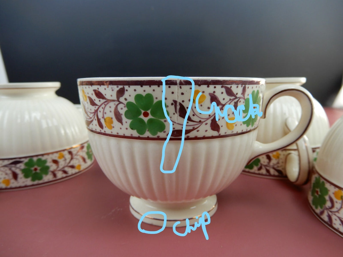 Vintage Set of 6 Wedgwood Etruria Luster Ribbed Cups and Saucers