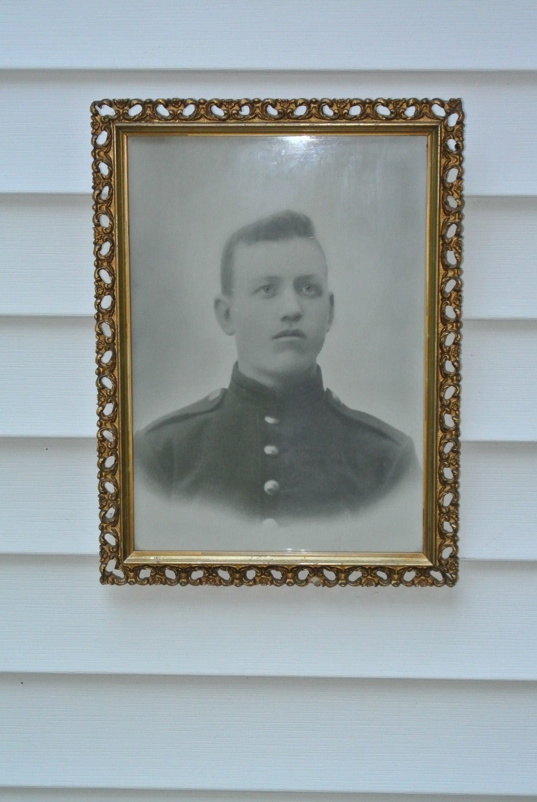 Vintage Antique Black and White Photo Print of Young Man In Meta Frame. Military