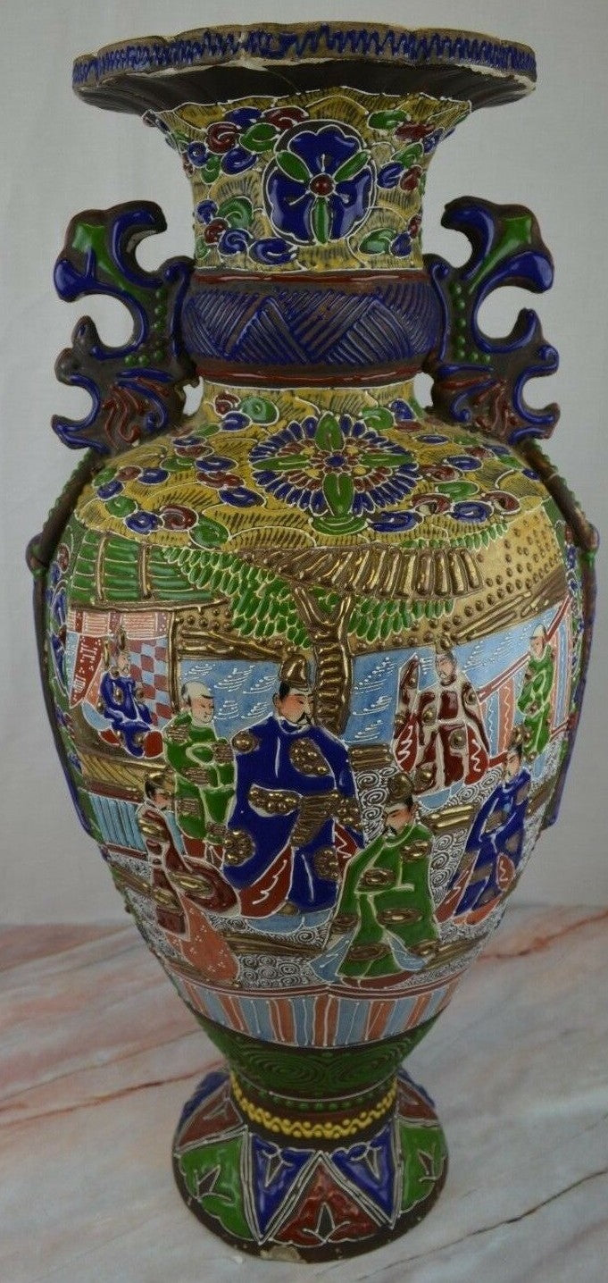 Antique c. Meiji Japanese Moriage Satsuma Detail Handpainted Vase,25" Tall~ B