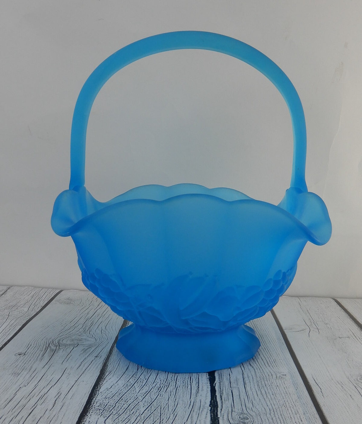Vintage Fenton Blue Satin Glass Fruit Basket with Handle, 11-1/2” x 8” x 8-1/2”