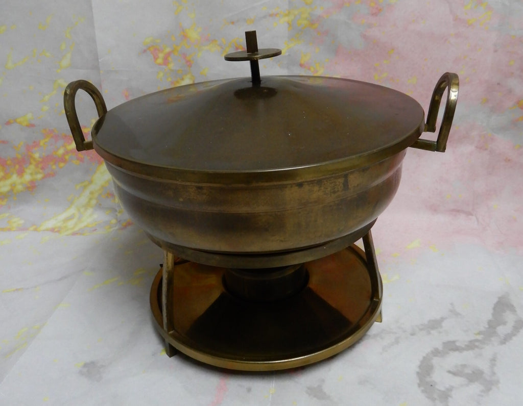 Vtge Brass Chafing Dish Buffet Three-legged Stand Warmer w/ PYREX  Insert