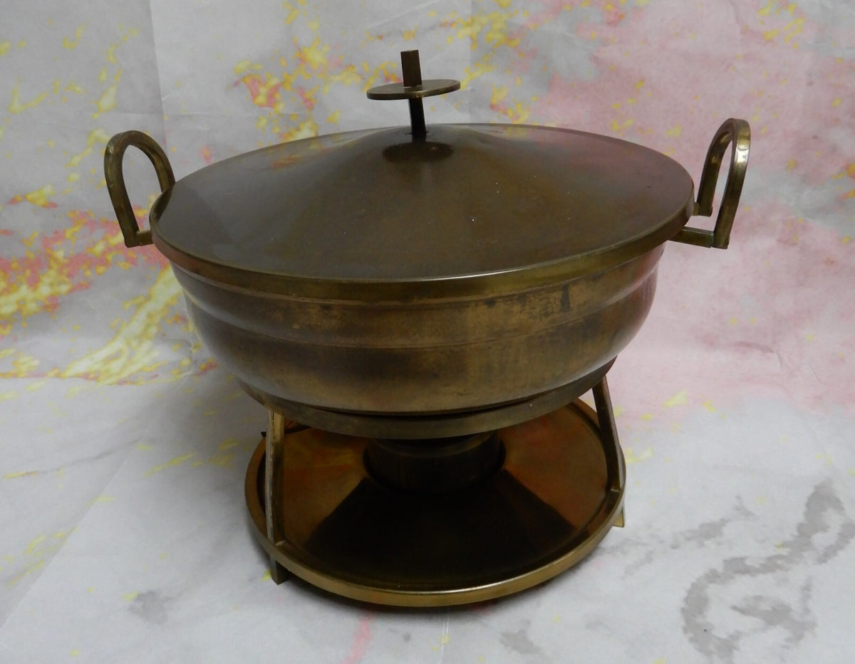 Vtge Brass Chafing Dish Buffet Three-legged Stand Warmer w/ PYREX  Insert