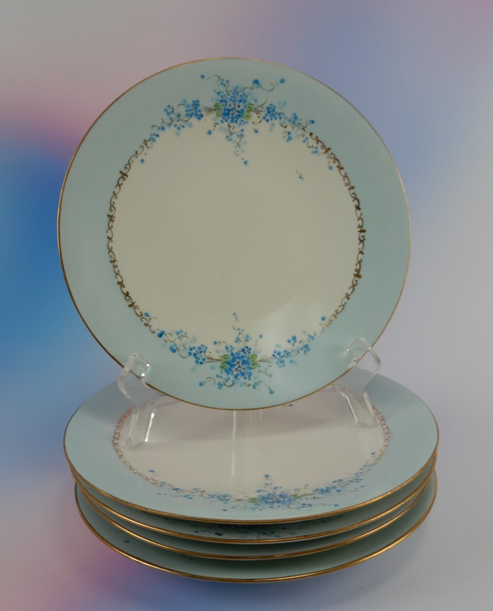 J.P. L. France Blue Forget Me Not Hand Painted Set of Five 9" Luncheon Plates