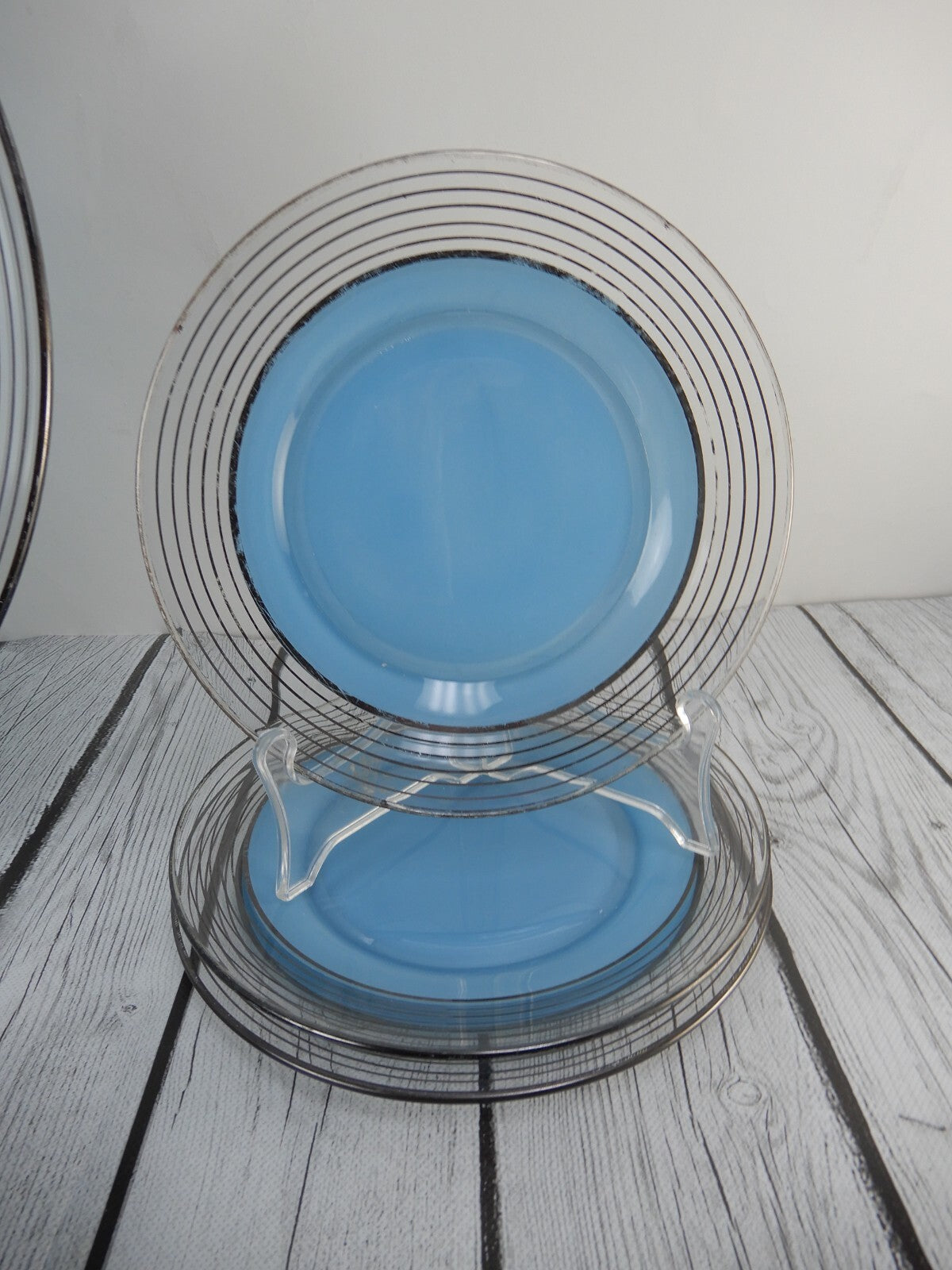 Set of Silver Rim Glass Blue Color Cake Plate and 8 Piece 7-1/2" Dessert Plates