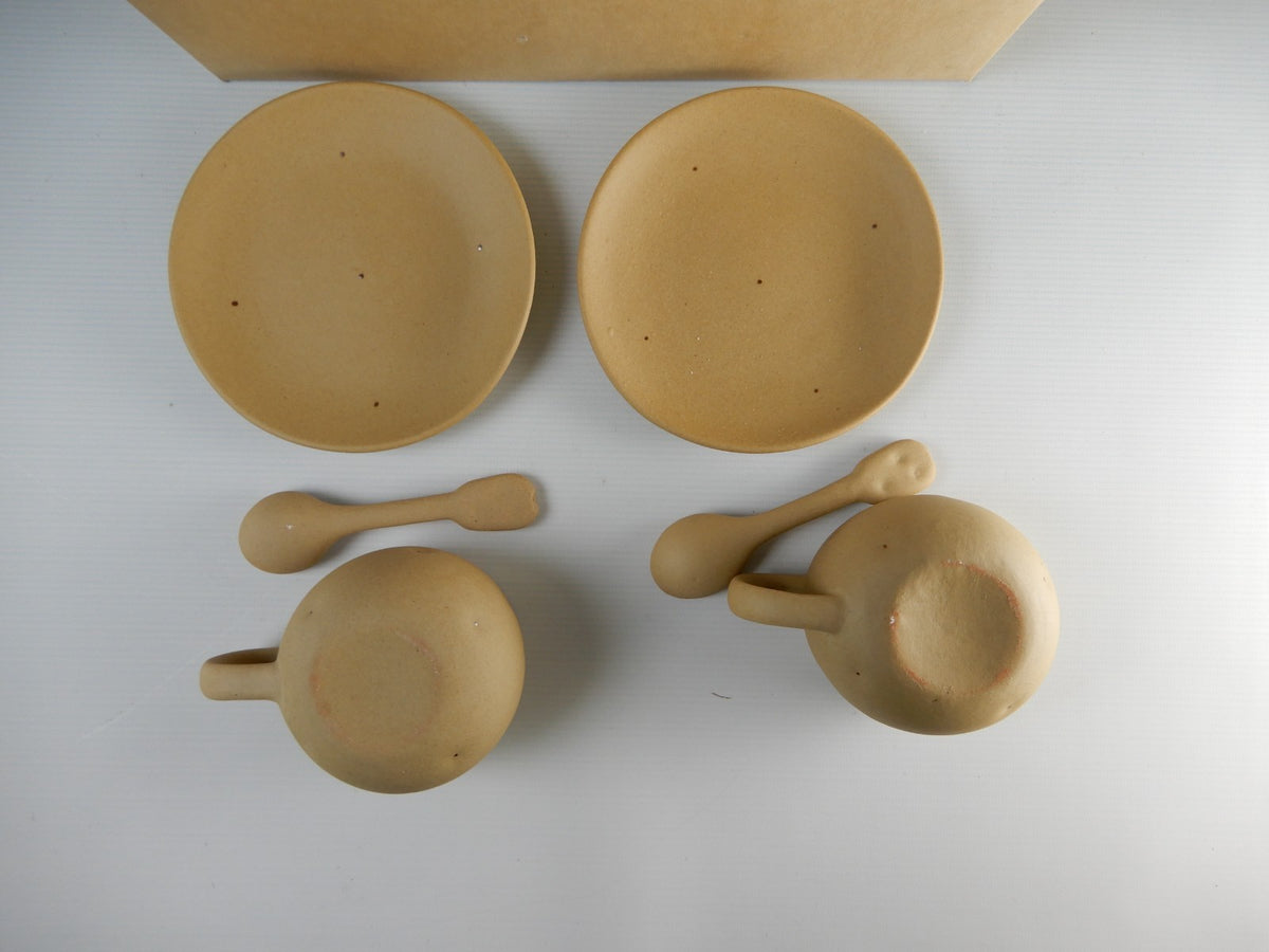 Vtg 1980s Ceramic Japan Kato Kogei Potato Kun Set of Two Cups,Saucers and Spoons