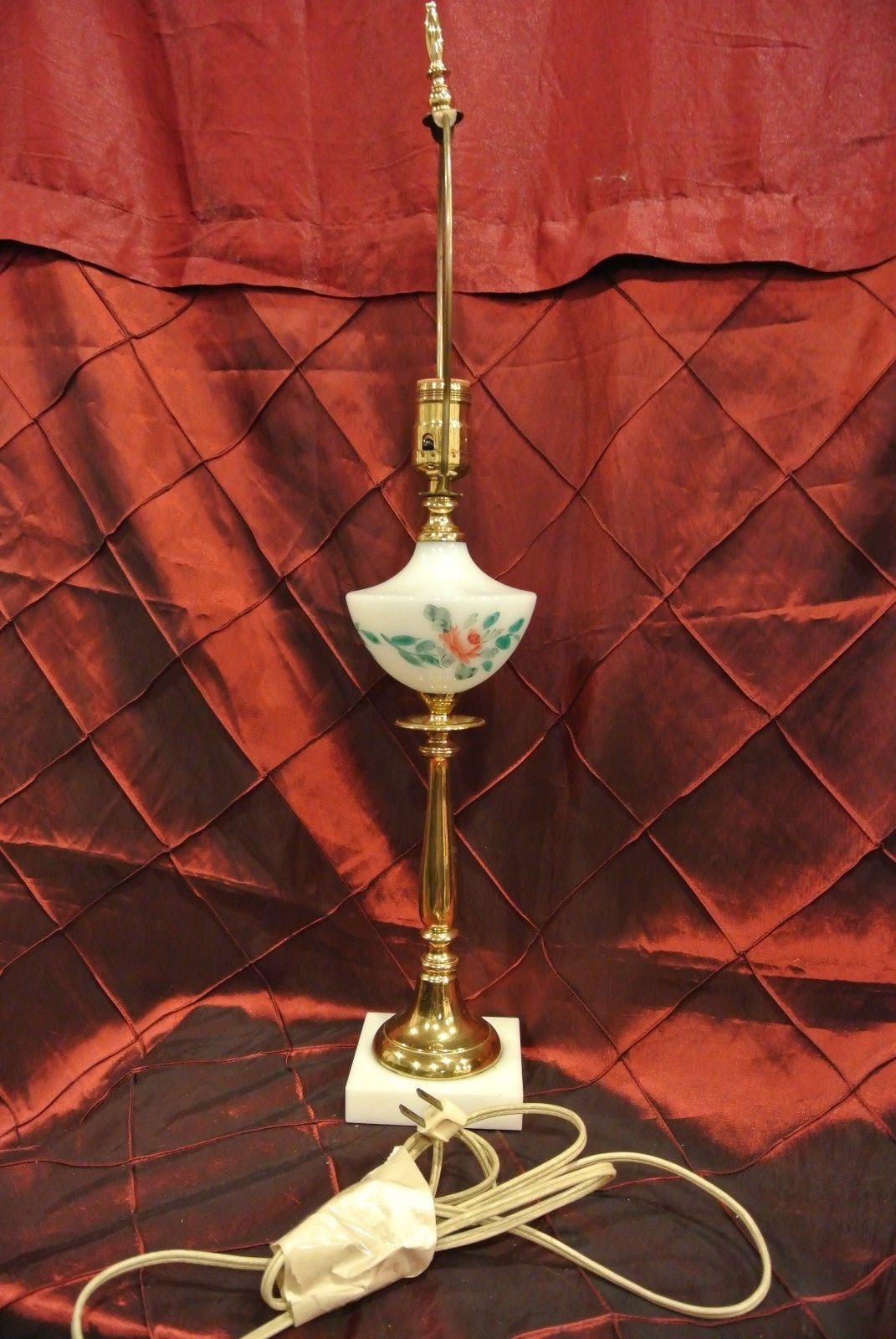 Vintage Brass White Milk Glass Hand Painted Lamp Marble Base