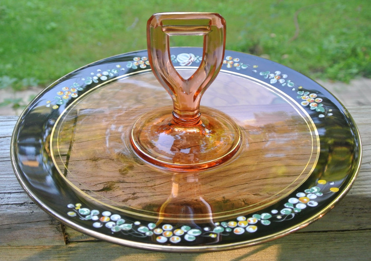 Vintage Pink Glass Sandwich Plate, Hand-Painted Enamel. Small Plate. Kitchen