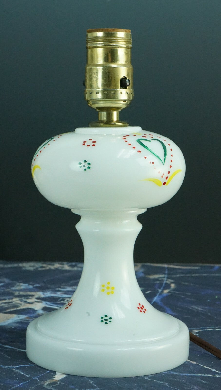 Vintage Glass Table Lamp with Hand Painted Hearts Design Milk Glass