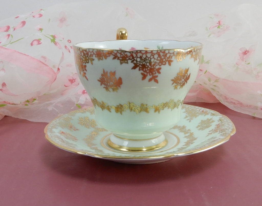 Paragon Double Warrant Mint Green Gold Filigree Tea Cup & Saucer