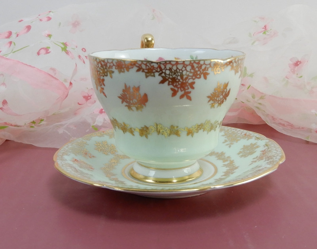 Paragon Double Warrant Mint Green Gold Filigree Tea Cup & Saucer