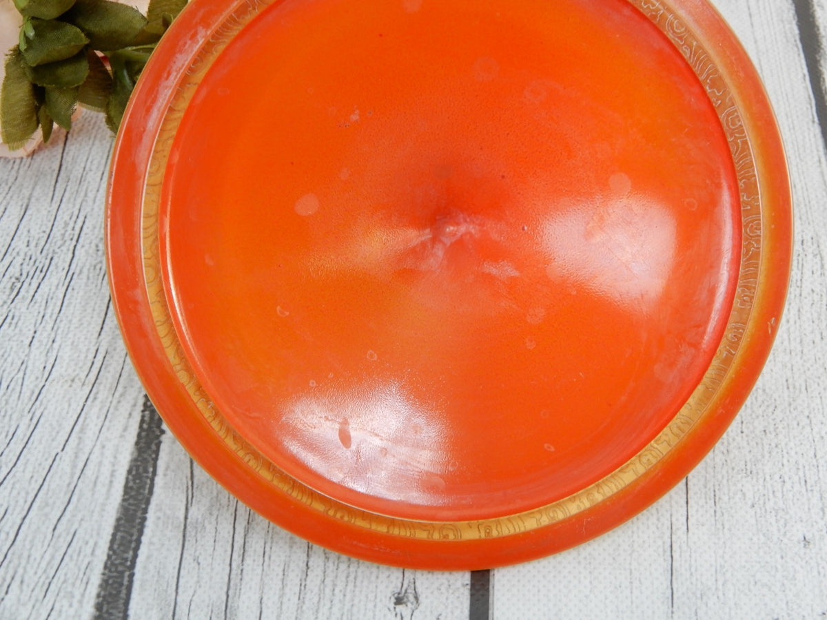 Vintage Rambler Rose Orange Glass Gold  Footed Candy Dish w/Lid