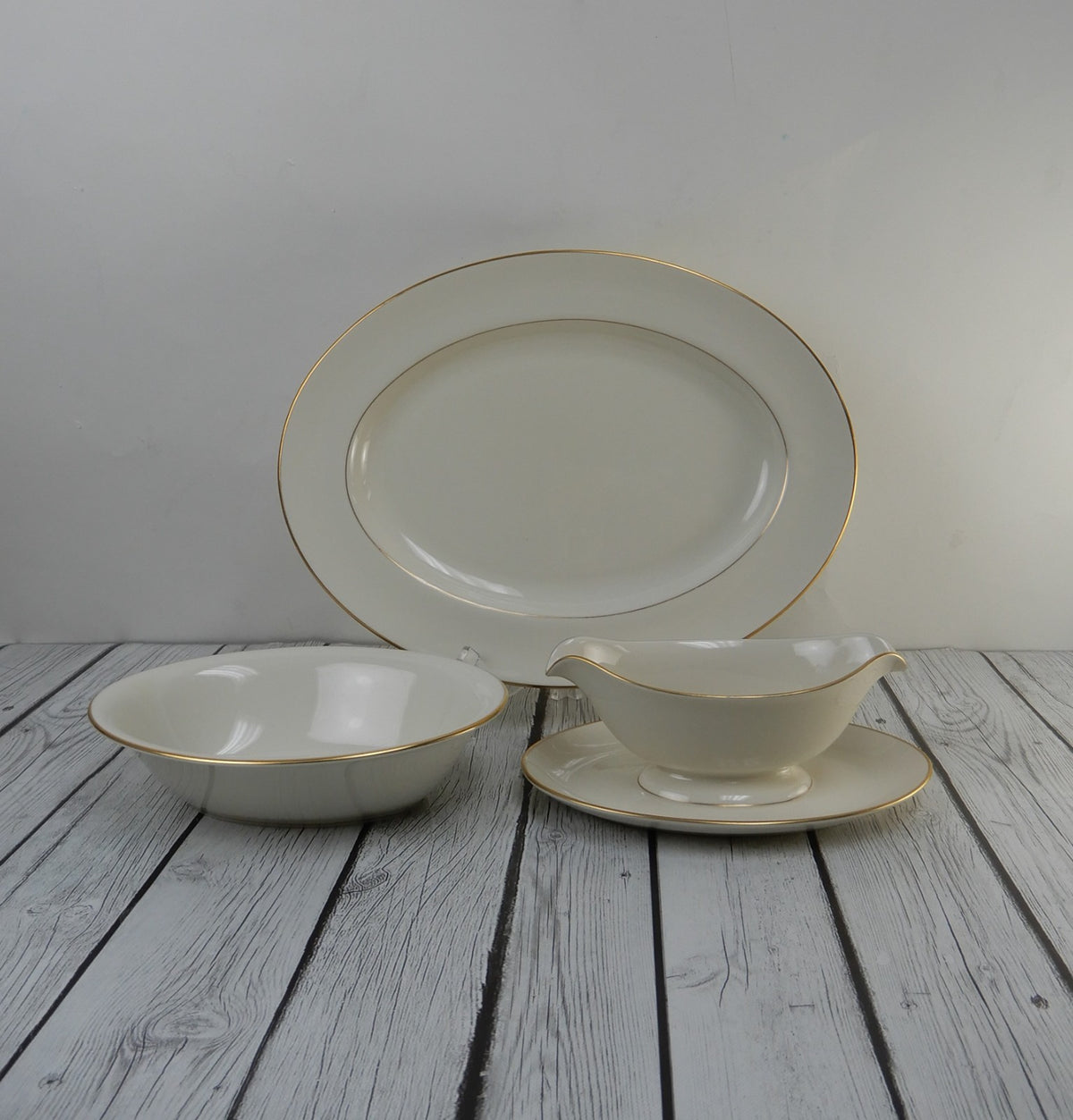 Vintage Pickard Gold Horizon~Set Of Platter,Oval Bowl,Gravy Boat  Made in U.S.A.