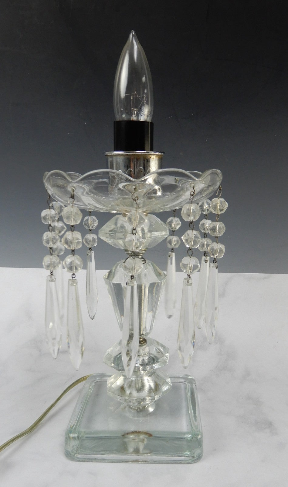 Vintage Crystal Regency Table Lamp W/Hanging Prisms 18-3/4" Tall