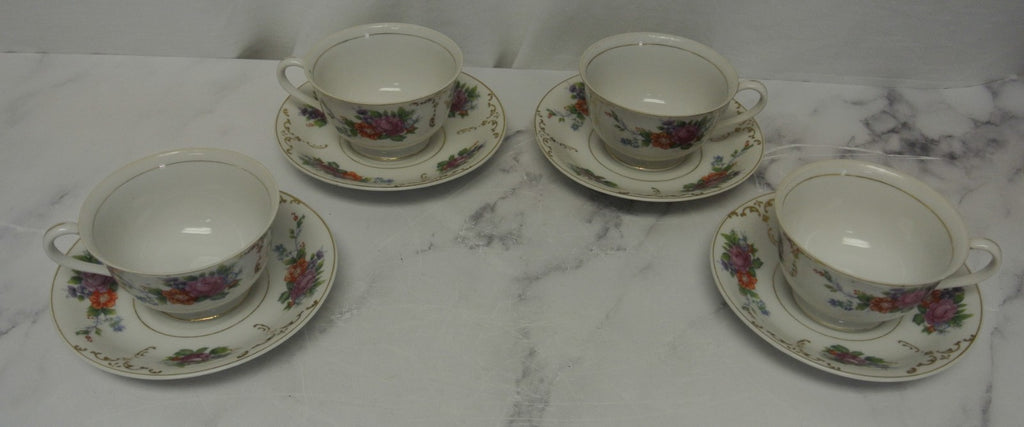 Set of 4 Vintage Ceramic Floral Cups & Saucers Bright White With Floral Design