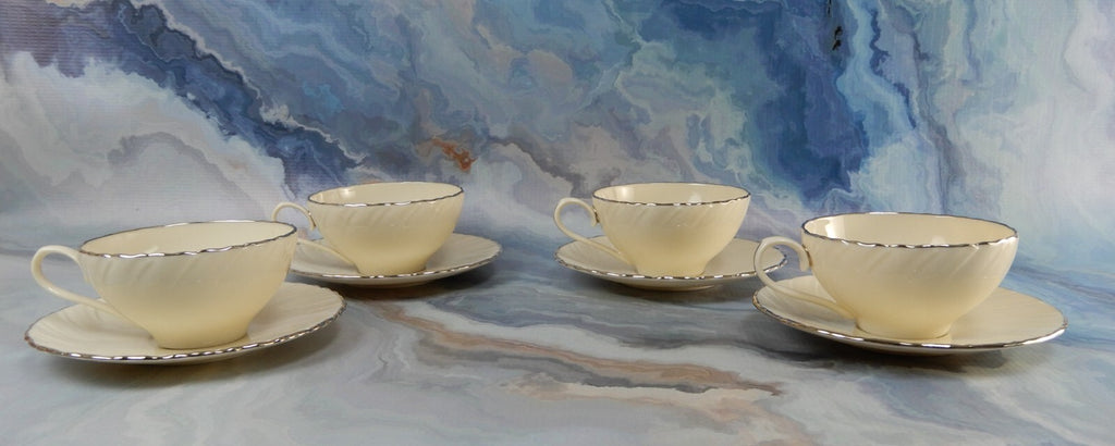 Vintage Lenox "Valera" Set of 4 Cups and Saucers Platinum Scroll Medallion