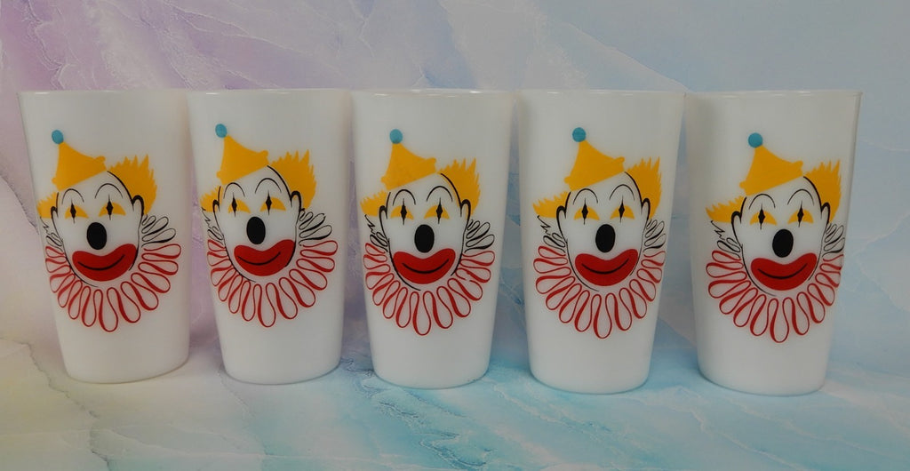 Set of 5 Hazel Atlas Milk Glass Clown Face High Ball Tumbler Glass 11 oz