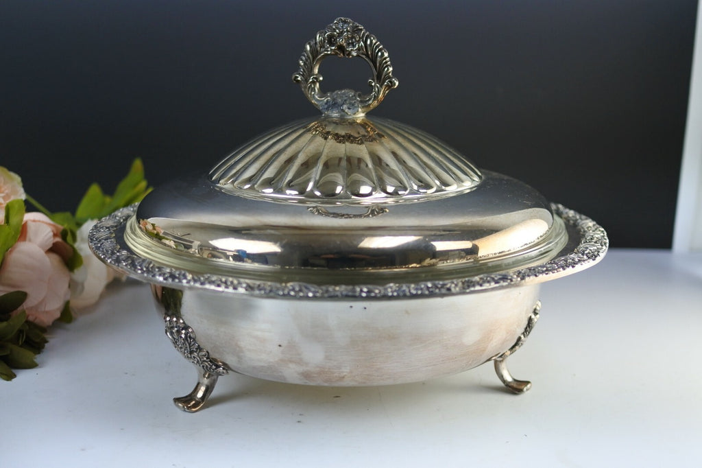 King Edward Silverplate Antique 3 Piece Serving Dish Glass Insert 7057