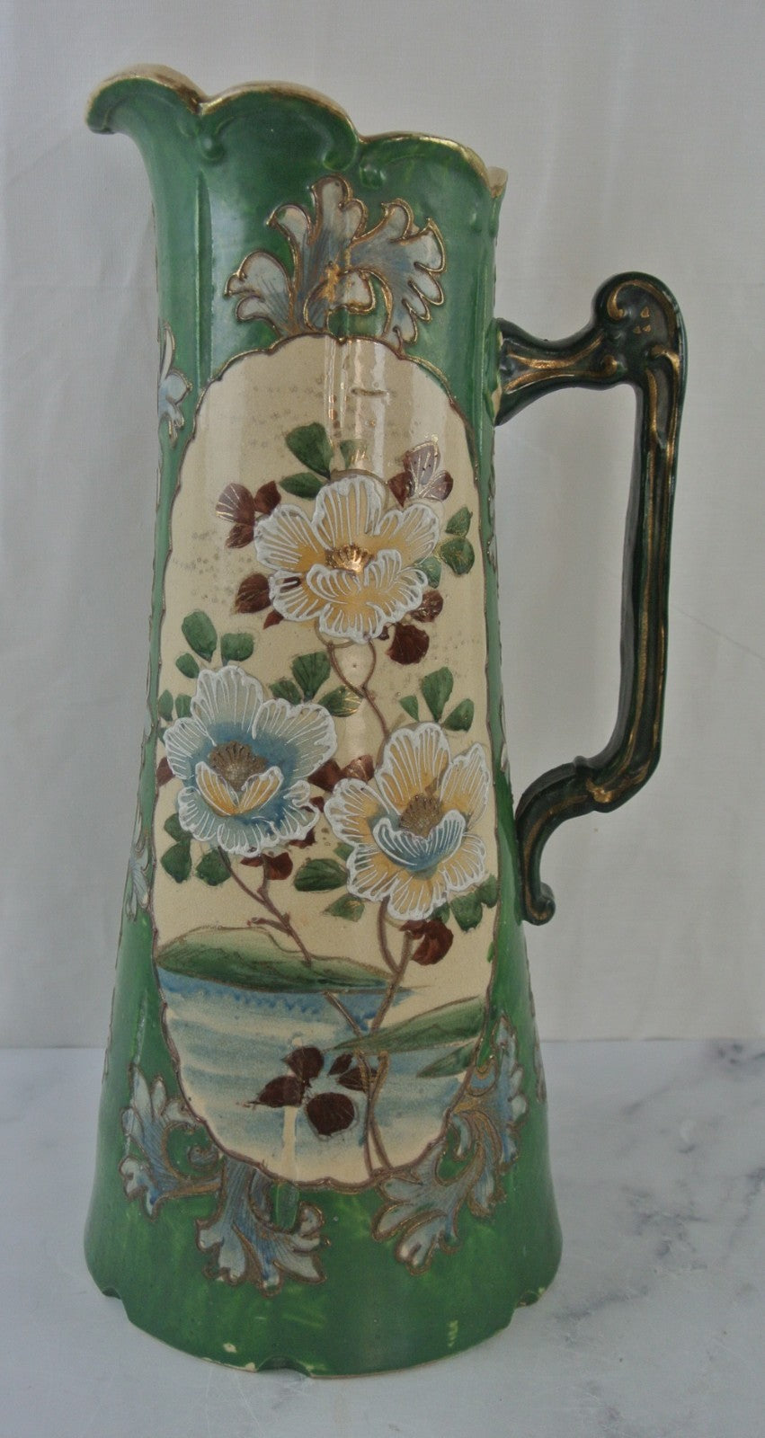 Japanese Satsuma Hand Painted Slipware Earthenware Ewer 16" High