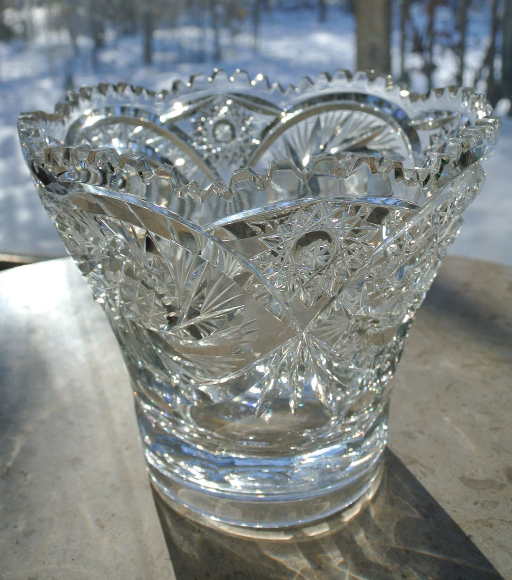 American Brilliant Period Hand Cut Glass Vase w/Hobstar, Pinwheels,Saw Tooth Rim