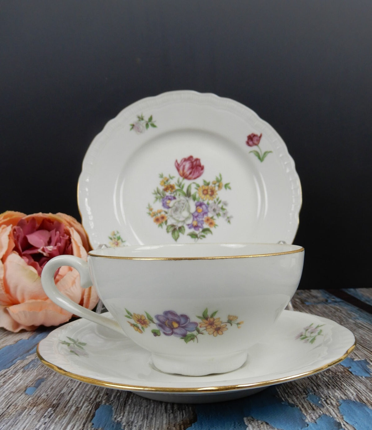 Vintage " Bouquet" Europa Fine Porcelain Trio Made In Czechoslovakia