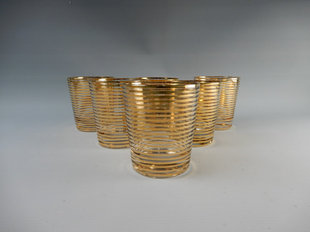 6 Pc. Hollywood Regency Rock Glasses W/Horizontal Metallic Gold Bands 8 oz