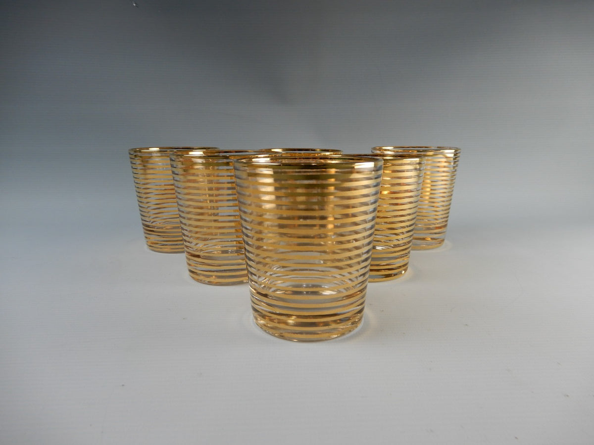 6 Pc. Hollywood Regency Rock Glasses W/Horizontal Metallic Gold Bands 8 oz