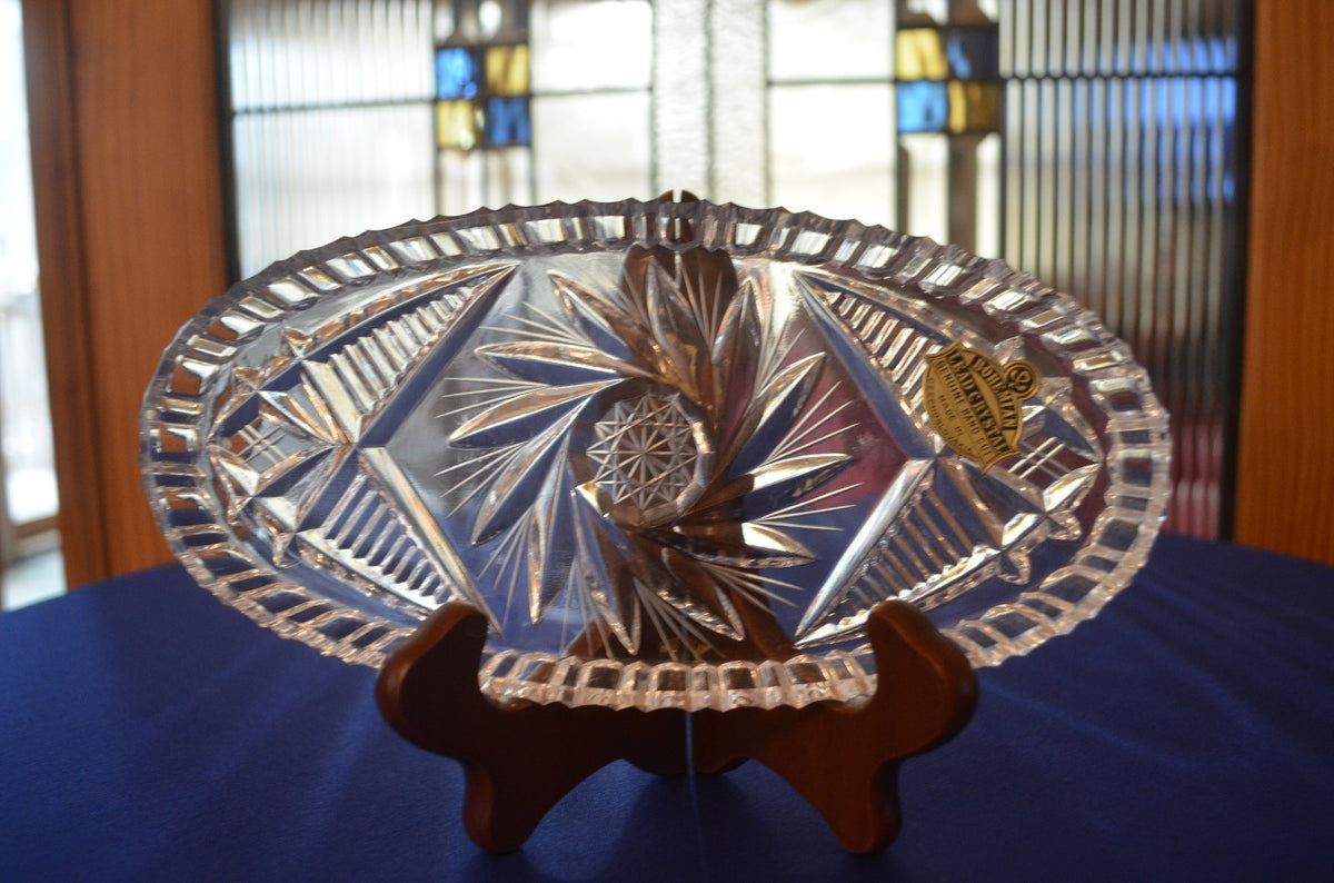 Excellent Czech Bohemian Hand Cut  Lead Crystal Oval Crystal Dish w/ Sticker