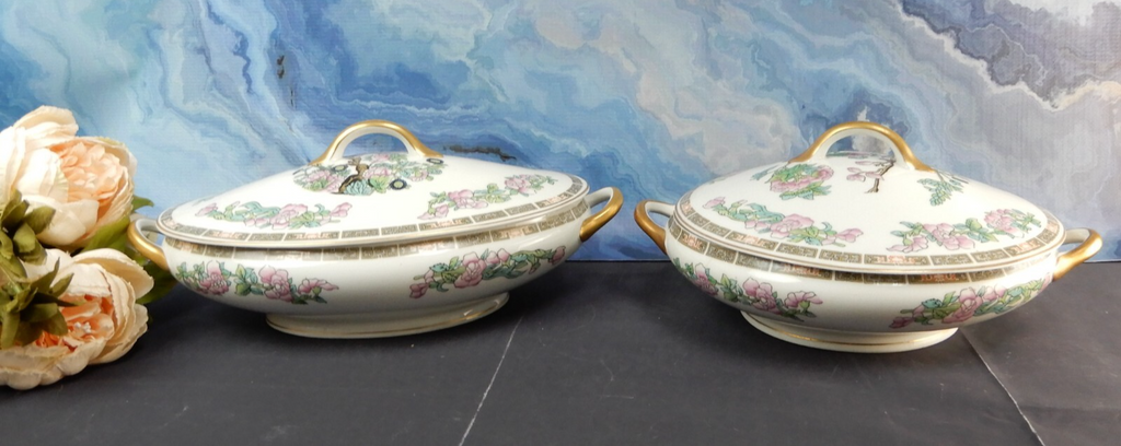 Two Vintage SYRACUSE Oval and Round  Covered Serving Bowls Indian Tree Pattern
