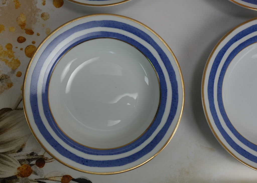 Set of 4 Crate & Barrel VERANDA Gold Rim Blue Striped Soup Bowls