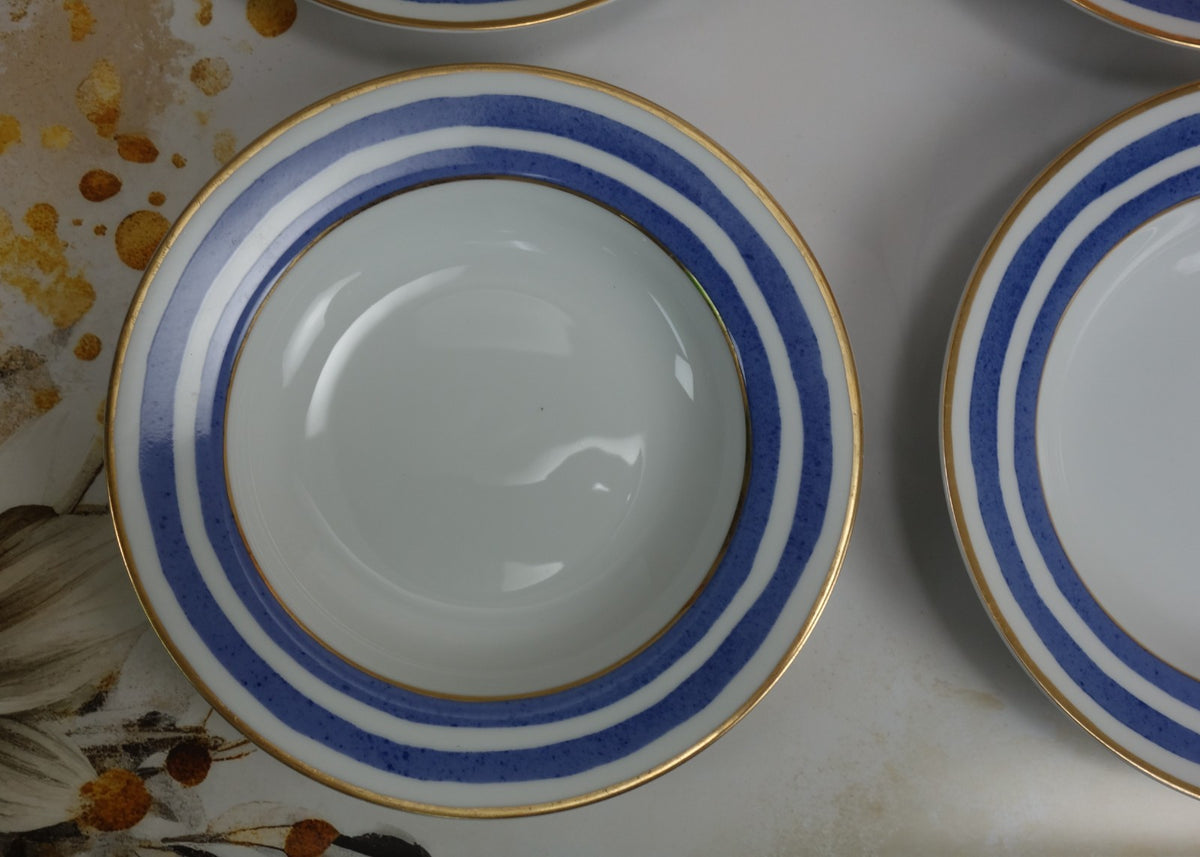 Set of 4 Crate & Barrel VERANDA Gold Rim Blue Striped Soup Bowls