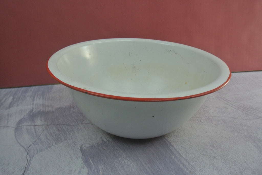Pair Of Vintage Vintage White Black and Red Trimmed Enamelware As Is