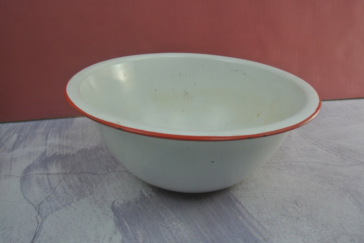 Pair Of Vintage Vintage White Black and Red Trimmed Enamelware As Is