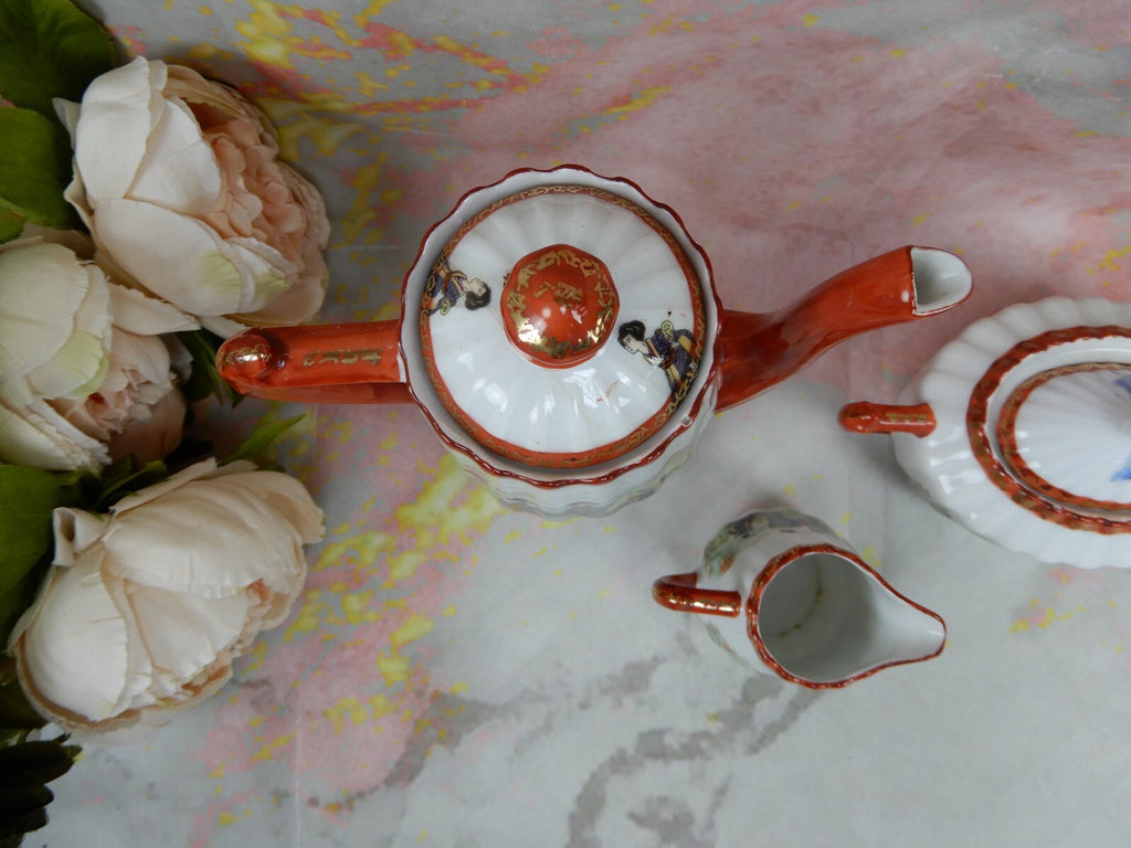Vintage Children's Pot,Sugar Bowl,Creamer,5 Cups and Saucers w/ Geishas Red Mark