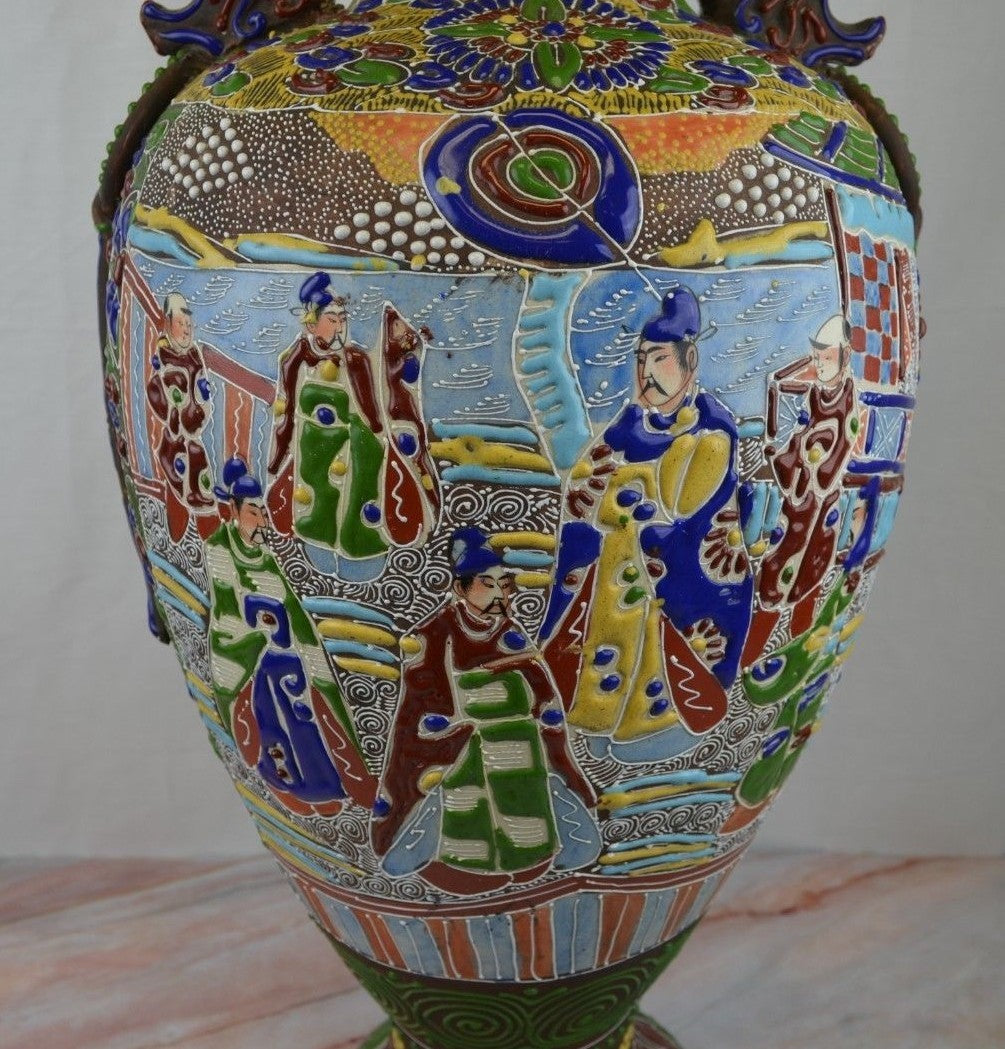Antique c. Meiji Japanese Moriage Satsuma Detail Handpainted Vase,25" Tall~ B