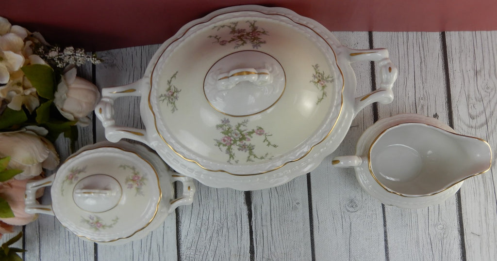 Vtg. Arcadian Fine China "Old Rose" Covered Vegetable Bowl ,Creamer & Sugar Bowl