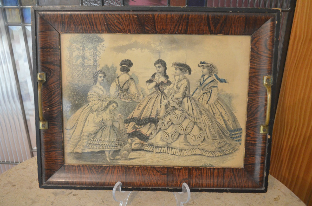 Vintage Wood Serving Tray with Lithography  Picture Under Glass