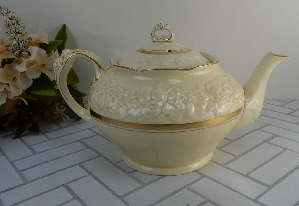 Crown Ducal Gold Gild Band Florentine Sand Cream Teapot with Fixed Handle As Is
