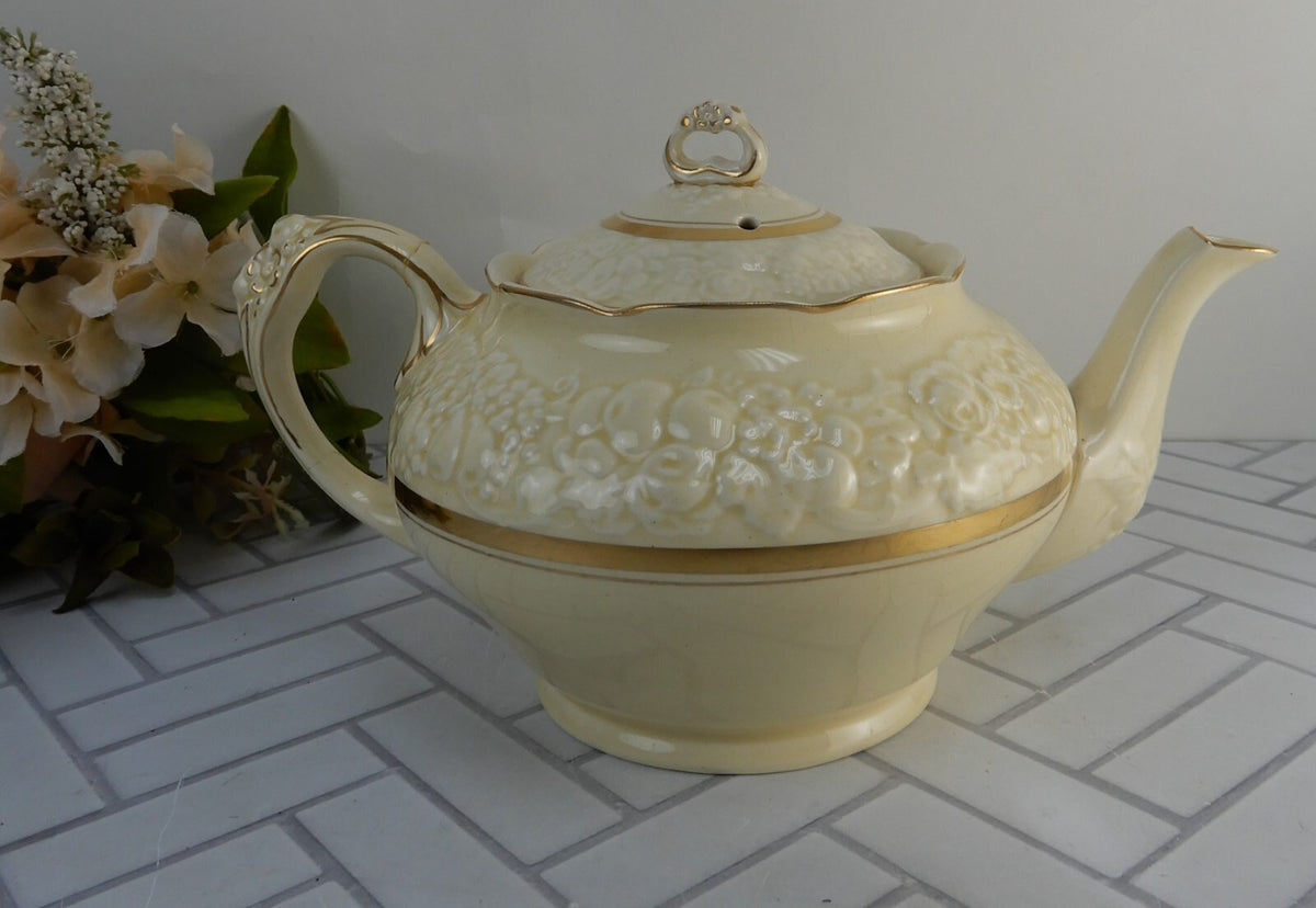 Crown Ducal Gold Gild Band Florentine Sand Cream Teapot with Fixed Handle As Is