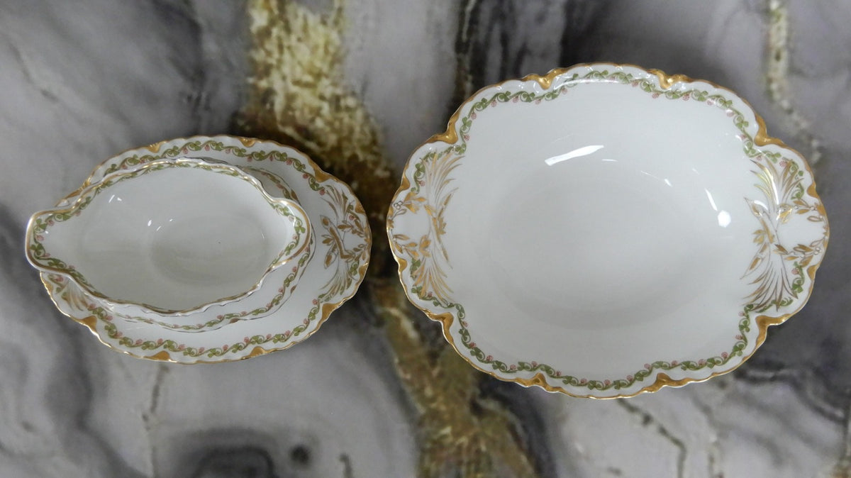 Antique Haviland Limoges "Clover Leaf " Oval Vegetable Bowl and Gravy Boat