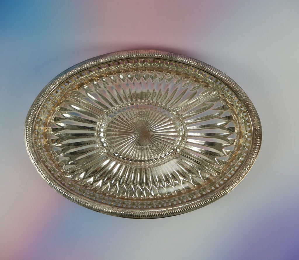 Vtge Silver-Plated Hors d’Oeuvres Serving Tray W/Glass Separate Inset 14-1/2"