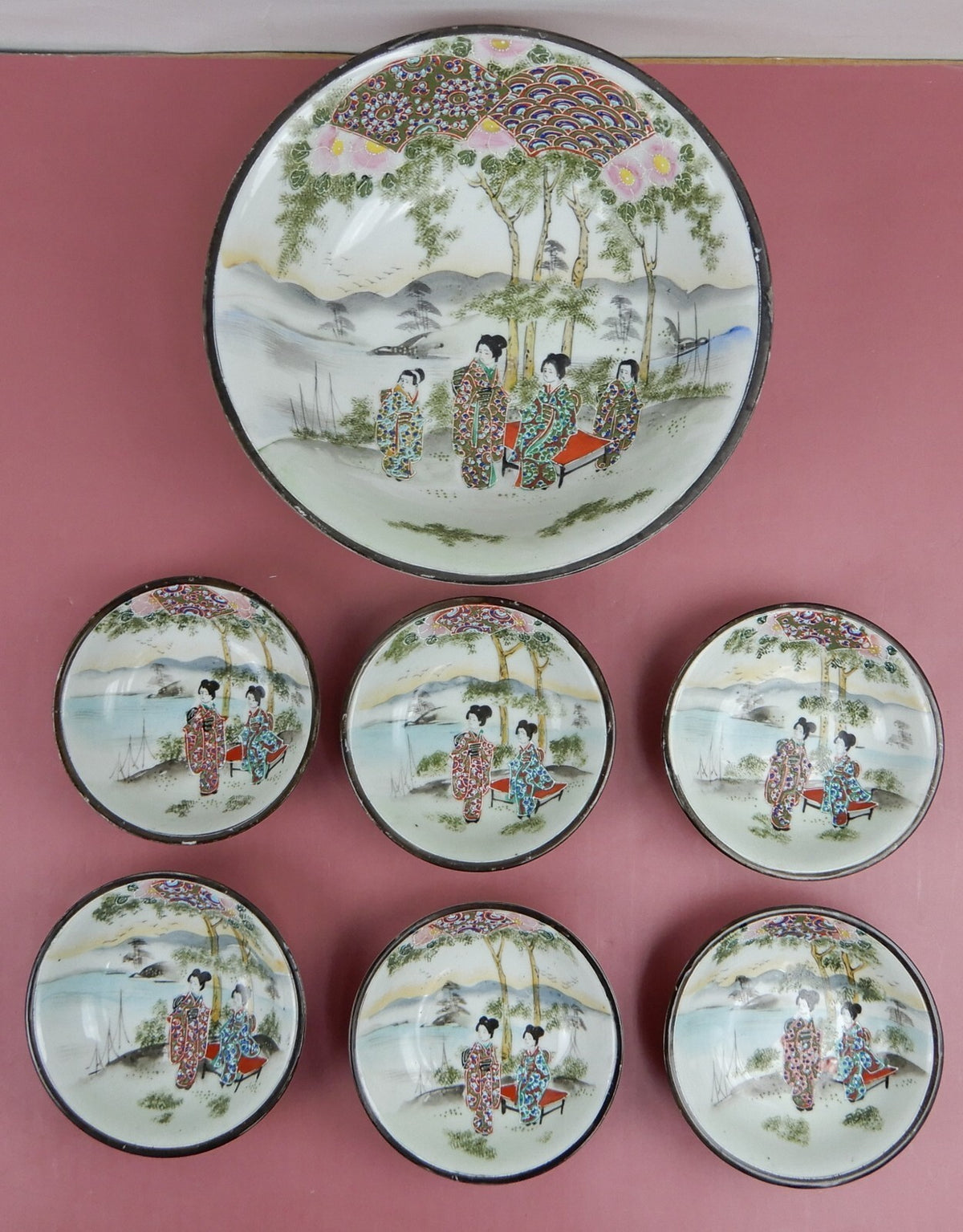 Geisha Girl Embossed Hand-Painted Japan Porcelain Bowl and 6 Berry Bowls Set