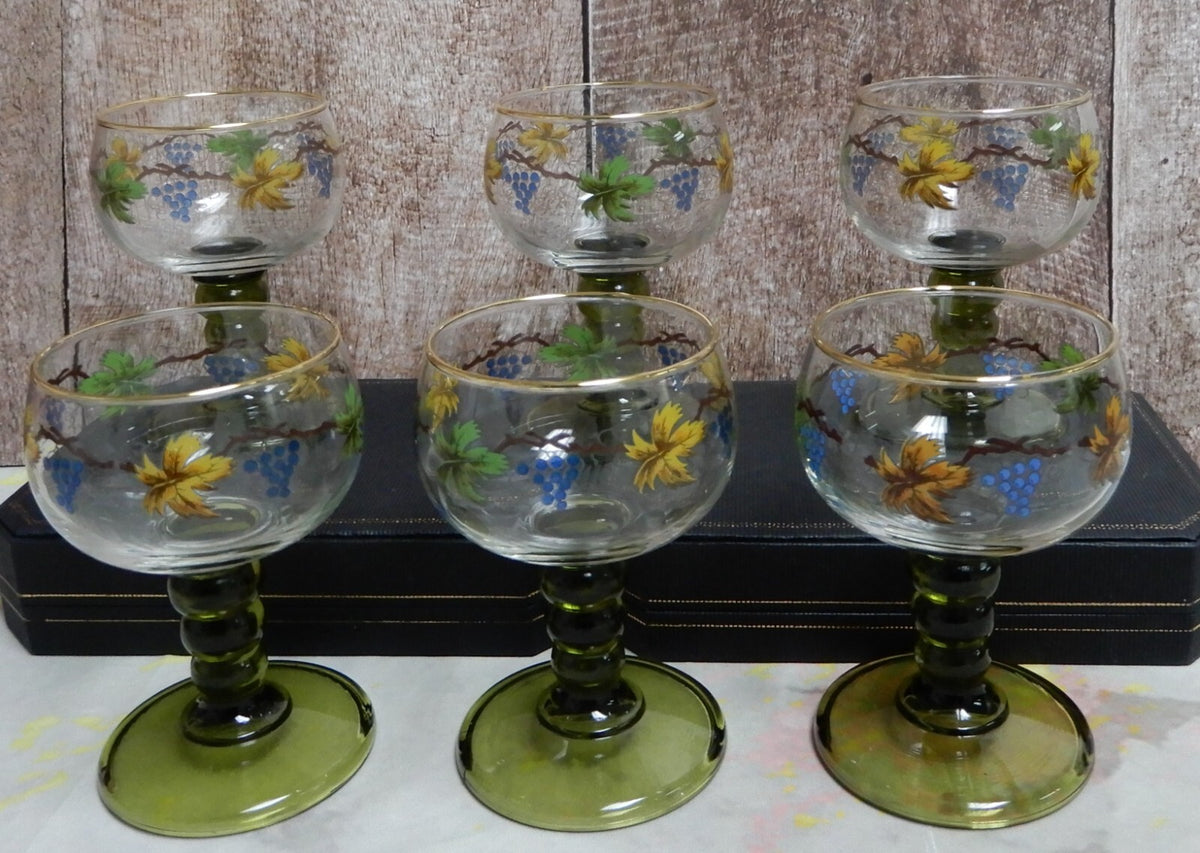Vintage Set Of 6 Roemer Bubble Green Stem Glasses With Leaf Vine Wine Design