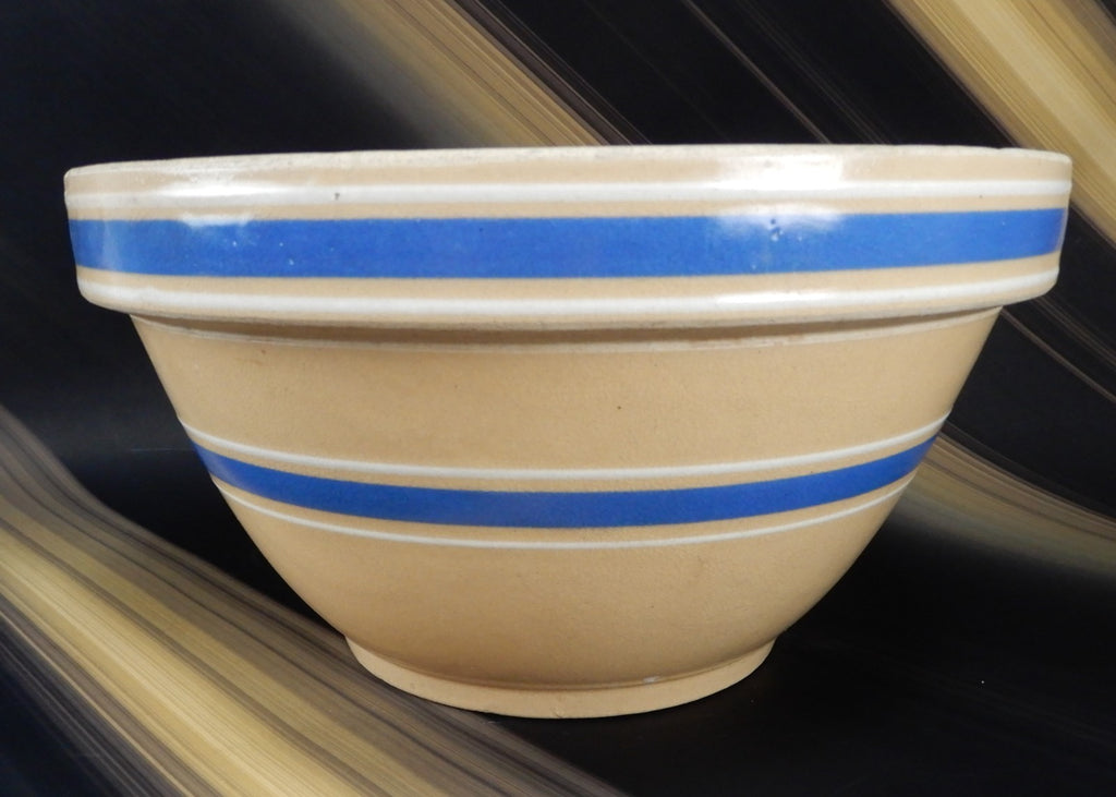 Vintage Ribbed Yelloware Mixing 11-5/8" Bowl with Blue/ White Bands