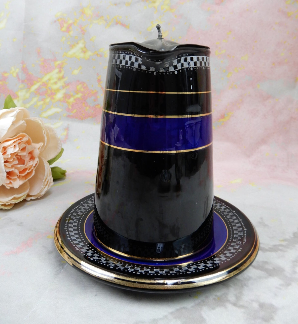 Vintage Ceramic Syrup Pitcher  with Metal Lid and Underplate