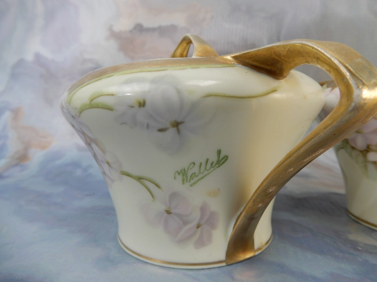 RS Germany Hand Painted Porcelain Sugar Bowl and Creamer Signed By The Artist