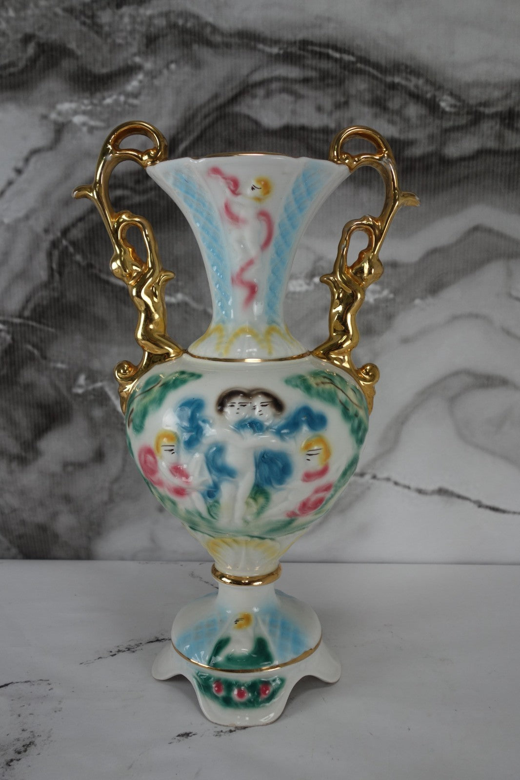 Hand Decorated With Cherubs Italian Footed Vase, Gold Trim Porcelain 15.5" Tall