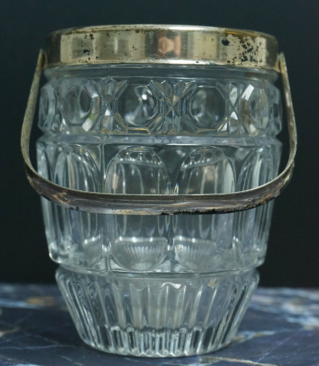 Vintage Small Press Clear Glass Ice Bucket with Silver Plated Handle