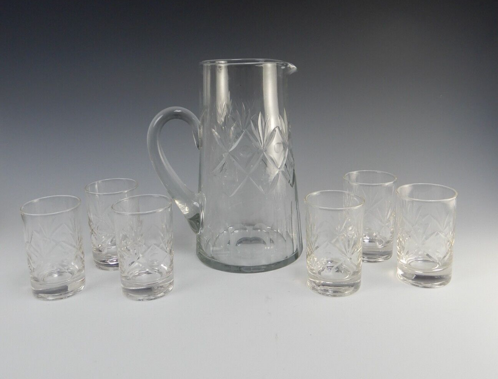 Vintage Clear Glass Set of Pitcher and 6 Juice Glasses
