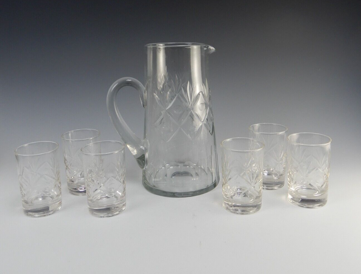 Vintage Clear Glass Set of Pitcher and 6 Juice Glasses