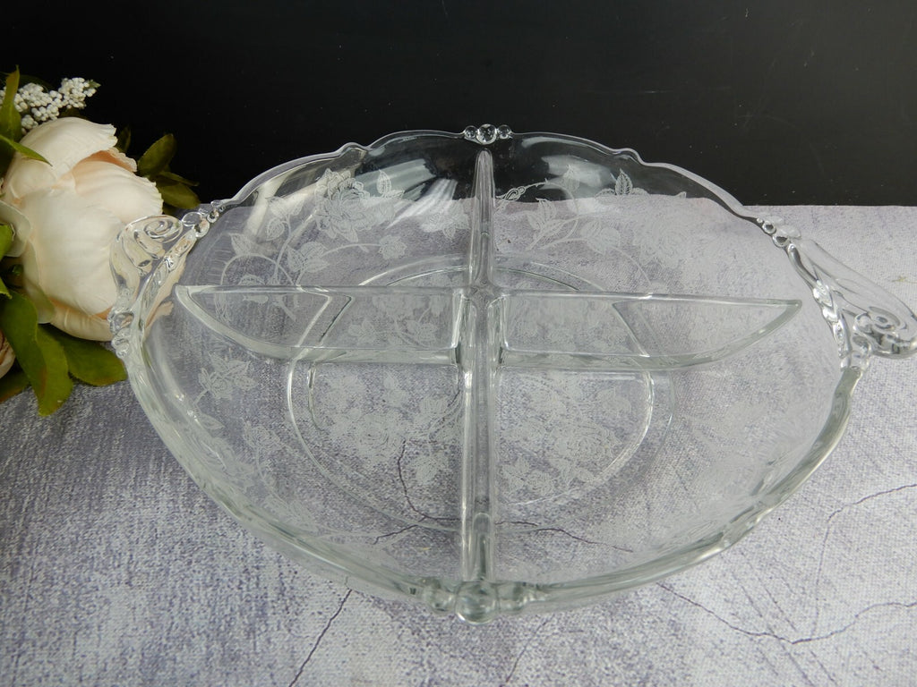 Vintage Heisey Rose Patten 4 Compartment Relish Dish Tray